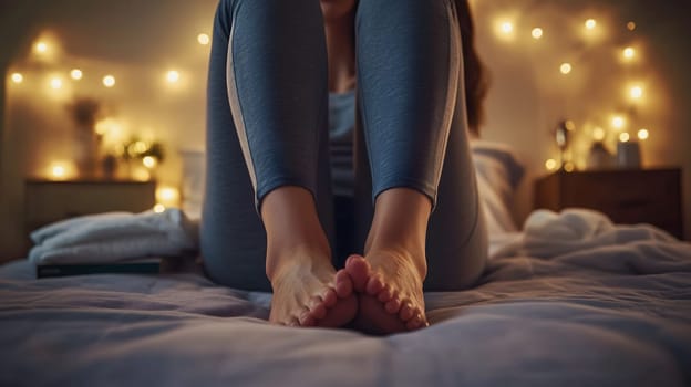 Young woman is sitting on her bed at night, enjoying the warm atmosphere of her bedroom illuminated by fairy lights