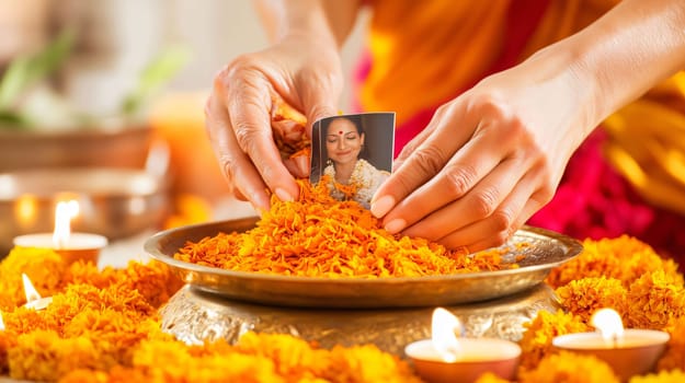 Woman wearing a sari placing a photo on a pile of orange marigold flowers during a religious ceremony