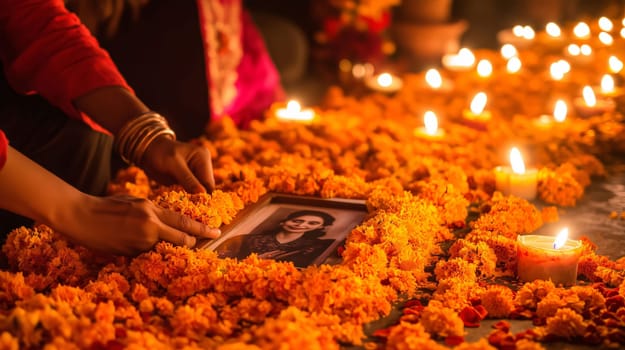 People arranging a day of the dead offering with a picture frame, candles and cempas?chil flowers