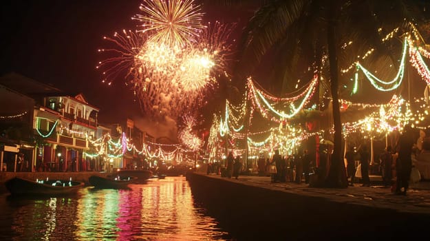 Crowd is gathering along a decorated canal to watch fireworks exploding over a tropical city at night