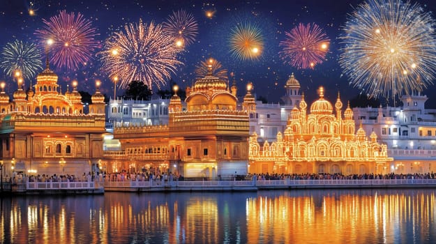 Golden temple amritsar india illuminating during diwali festival with fireworks exploding over the complex at night