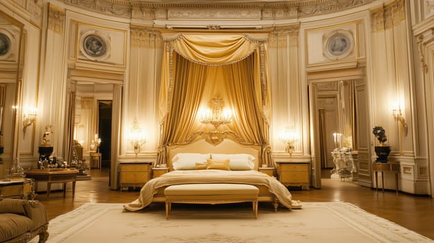 Luxurious king size bed with white sheets is the focus of this opulent gold bedroom, neoclassical