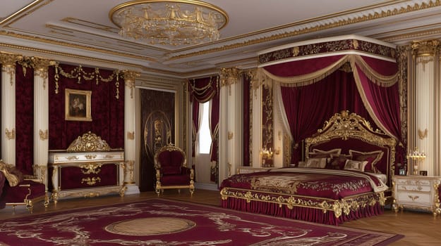 Luxurious bedroom with a classic interior design featuring a golden bed, red curtains, and ornate furniture