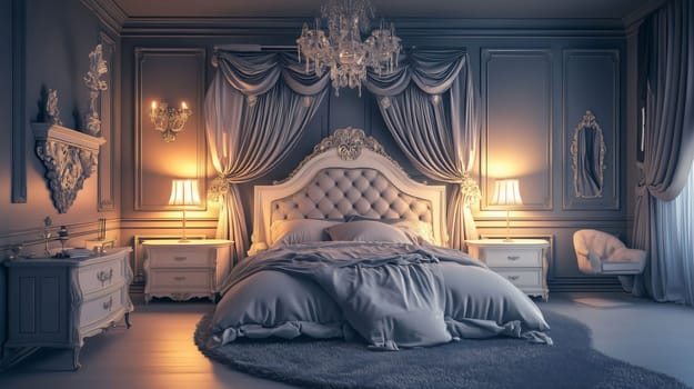 Luxurious and elegant bedroom interior rendering with a canopy bed, illuminated by a crystal chandelier and wall lamps