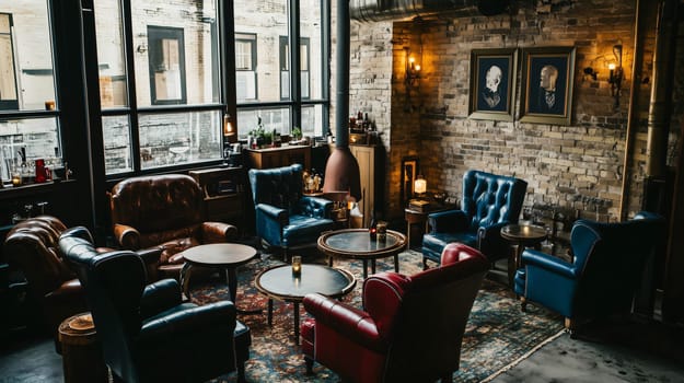 Nobody is sitting on the comfortable leather furniture in this vintage pub with exposed brick walls and large windows