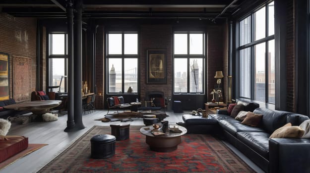 Modern open plan industrial living room with large windows overlooking the city skyline