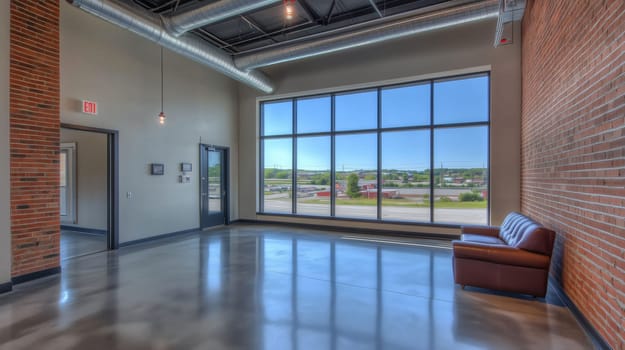 Empty modern open plan office interior with exposed brick walls and polished concrete floor