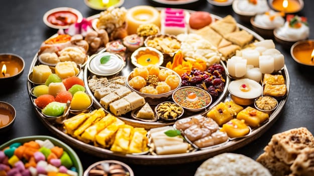 Variety of traditional indian sweets arranged on a decorative platter, creating a vibrant and festive display