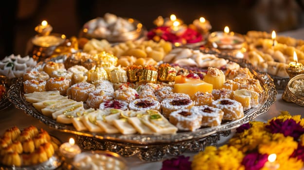Diwali festive season celebration with a silver tray full of assorted indian sweets and snacks, surrounded by flowers and tea lights
