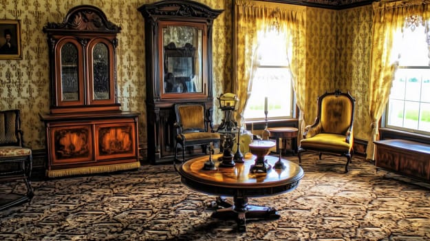 Luxurious victorian-era styled living room featuring ornate furniture and a patterned carpet
