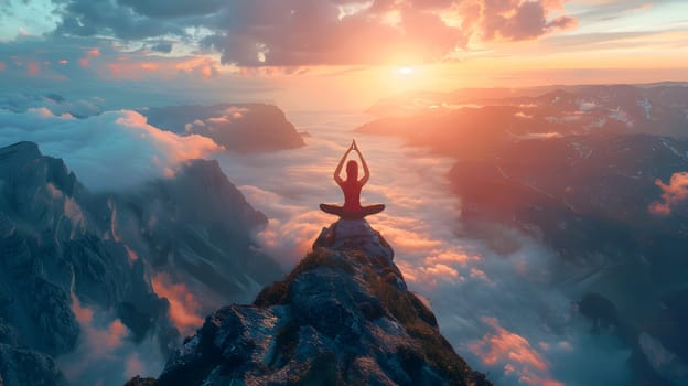 At dusk, a person meditates on a mountain, under a sky painted with cumulus clouds and the afterglow of the sunset, feeling connected to the worlds atmosphere