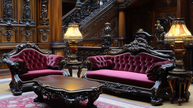 Luxurious Victorian vintage furniture is standing in a rich classic house interior with wooden walls decorated with carvings and a wooden staircase