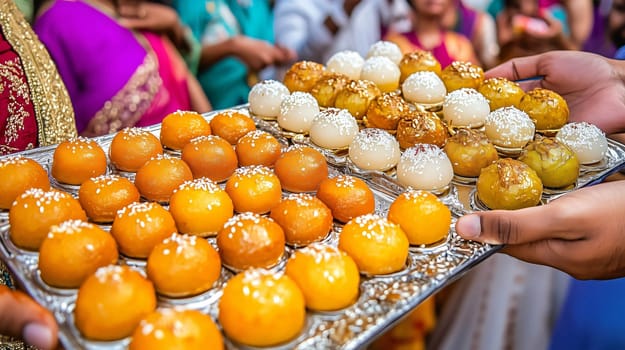 Close up of a tray full of laddu and other traditional indian sweets being held by wedding guests
