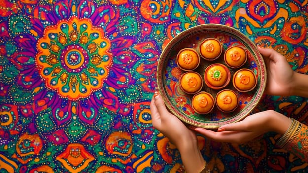 Woman holding a tray of delicious diwali sweets on a colorful background