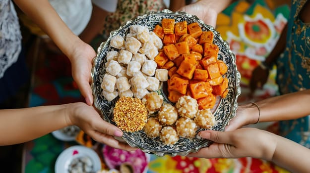 Women holding a plate of traditional indian sweets during diwali celebration