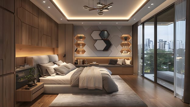 Contemporary cozy bedroom with city view, wooden elements and stylish lighting