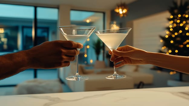 Couple is celebrating christmas at home, raising their glasses for a toast in the warmth of their decorated living room