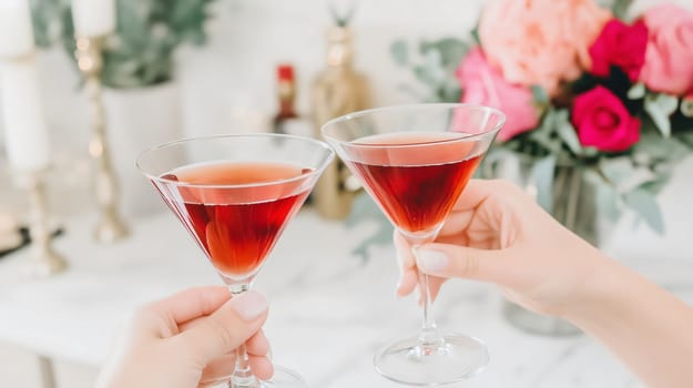 Two women are holding cocktails in a toast, celebrating at home with pink flowers in the background