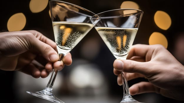 Two businessmen are clinking glasses of champagne while celebrating business success in a bar