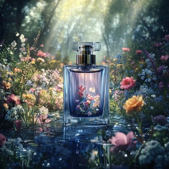 Blue perfume bottle with transparent cap standing on water surface in magical forest surrounded by flowers