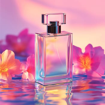 Elegant perfume bottle standing on reflective surface with flowers and colorful background