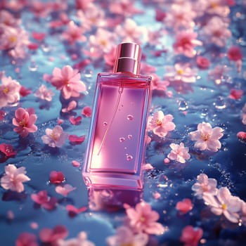 Pink perfume bottle with a gold top sitting on a wet surface surrounded by pink cherry blossoms