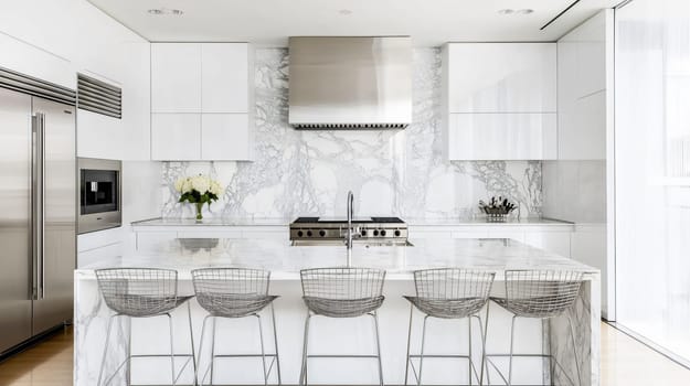 White modern minimalist kitchen featuring marble island and backsplash