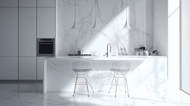 Interior of a modern minimalist white kitchen featuring a marble backsplash and sunlight shining through the window