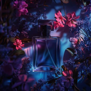 Luxurious perfume bottle is presented, nestled amongst a vibrant array of spring flowers, illuminated by dramatic lighting