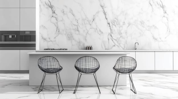 Modern kitchen featuring a marble backsplash and floor, white cabinets, and a breakfast bar with three black chairs