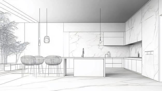 Blueprint project draft, sketch of minimalist white kitchen, interior design concept idea