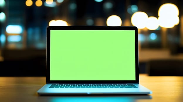 Laptop showing a green screen is standing on a table in a blurry restaurant interior at night