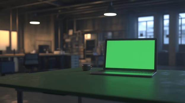 Modern laptop computer showing green chroma key screen standing on desk in dark empty company office late in the evening
