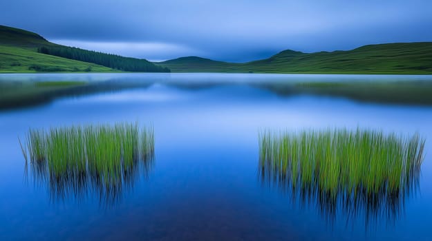 Green grass growing in a lake reflecting the blue sky of the morning with fog covering the mountain after the sunrise
