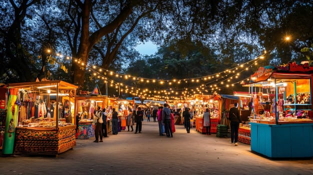 Customers and vendors gathering at an illuminated night market with string lights and souvenir shops in the evening