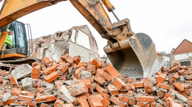 Construction worker using excavator demolishing building on construction site