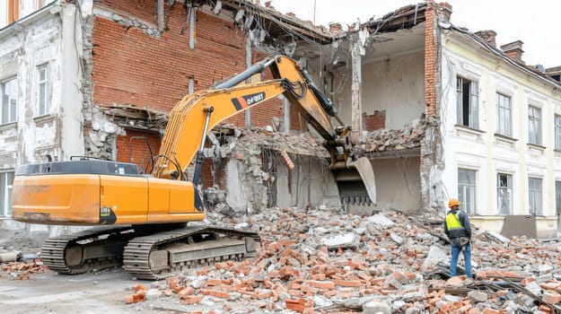 Excavator is demolishing a building while a construction worker supervises