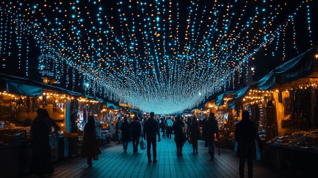 People walking under blue and orange string lights during night time