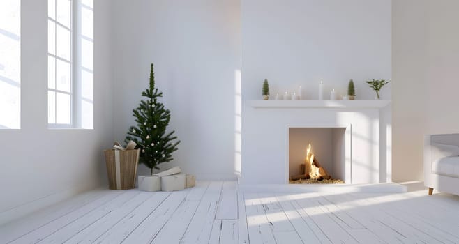 A cozy living room in a building with a fireplace and a Christmas tree. The room has hardwood flooring and a large window letting in natural light