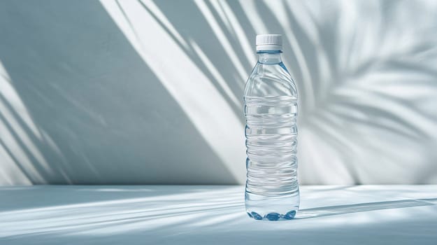 Transparent plastic water bottle standing on a white surface with leaf shadows, perfect for showcasing your brand or design