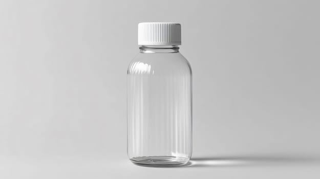 Empty fluted glass bottle with white cap standing on white background representing a concept for packaging