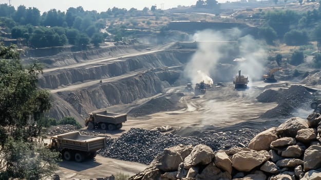 Dump trucks waiting to be loaded by excavators in an open pit mine on a sunny day