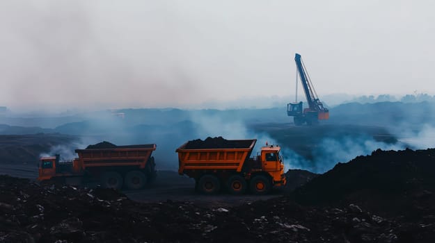Dump trucks transporting coal on a foggy day at a coal mine