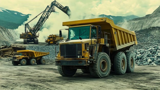 Large yellow mining dump truck being loaded by excavator at quarry