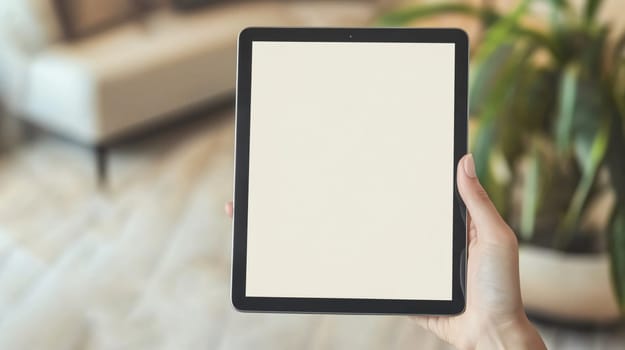Woman is holding a tablet with a blank screen in a living room, perfect for your mockup