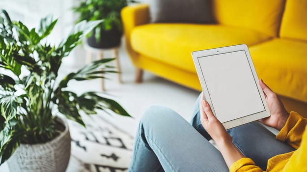 Woman is holding a tablet with a blank screen, sitting on a chair in a cozy apartment, perfect for mockup