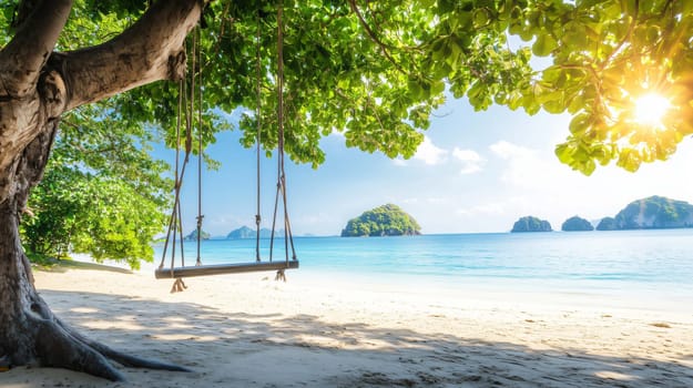 Wooden swing hanging from a tree on a tropical beach with islands in the distance at sunset