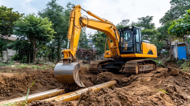 Excavator is working on a construction site, digging a trench to install large yellow water pipes