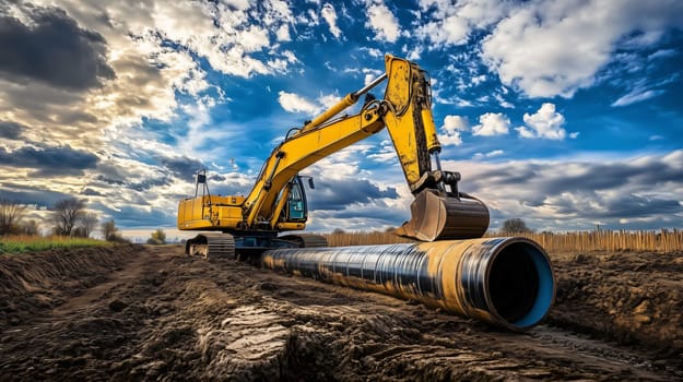 Yellow excavator is moving a large water pipe on a construction site