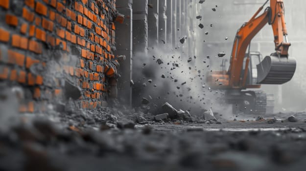 Excavator is demolishing a brick wall, creating a cloud of dust and debris